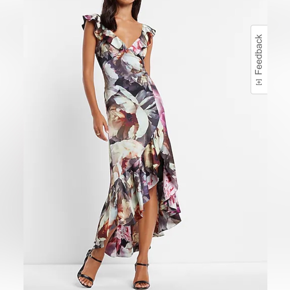 Express dark floral satin ruffle high low midi dress